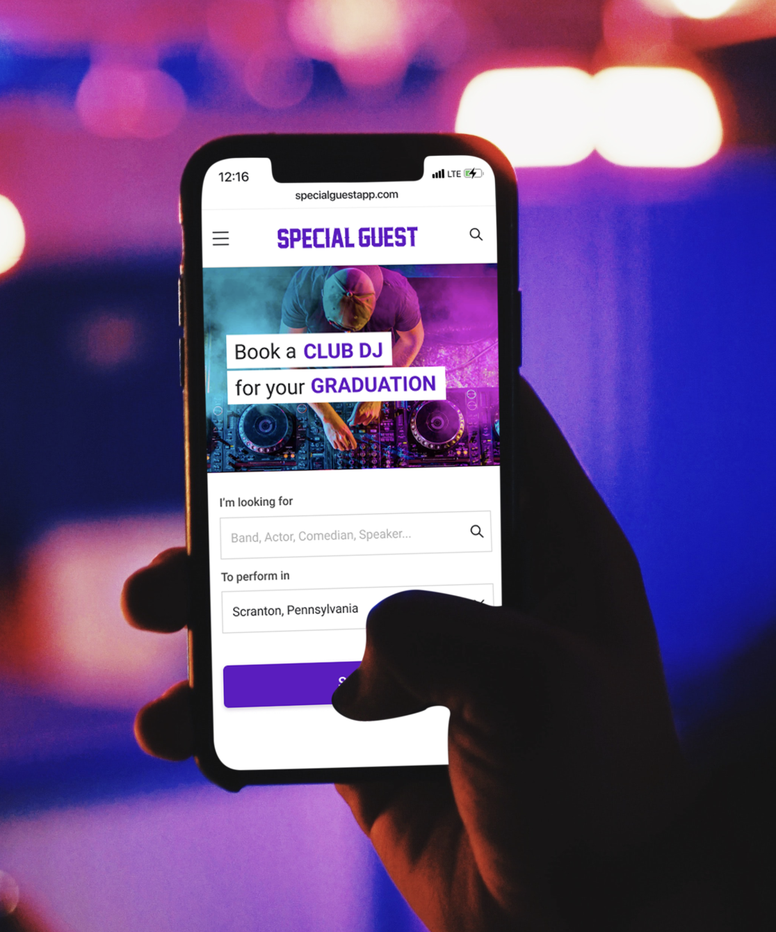 special guest app womn using phone to search for live entertainment acts to book